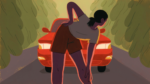 Cover Photo: illustration of a young woman, out for a run and wearing a T-shirt and shorts, stretching and looking over her shoulder at a red car looming close by.