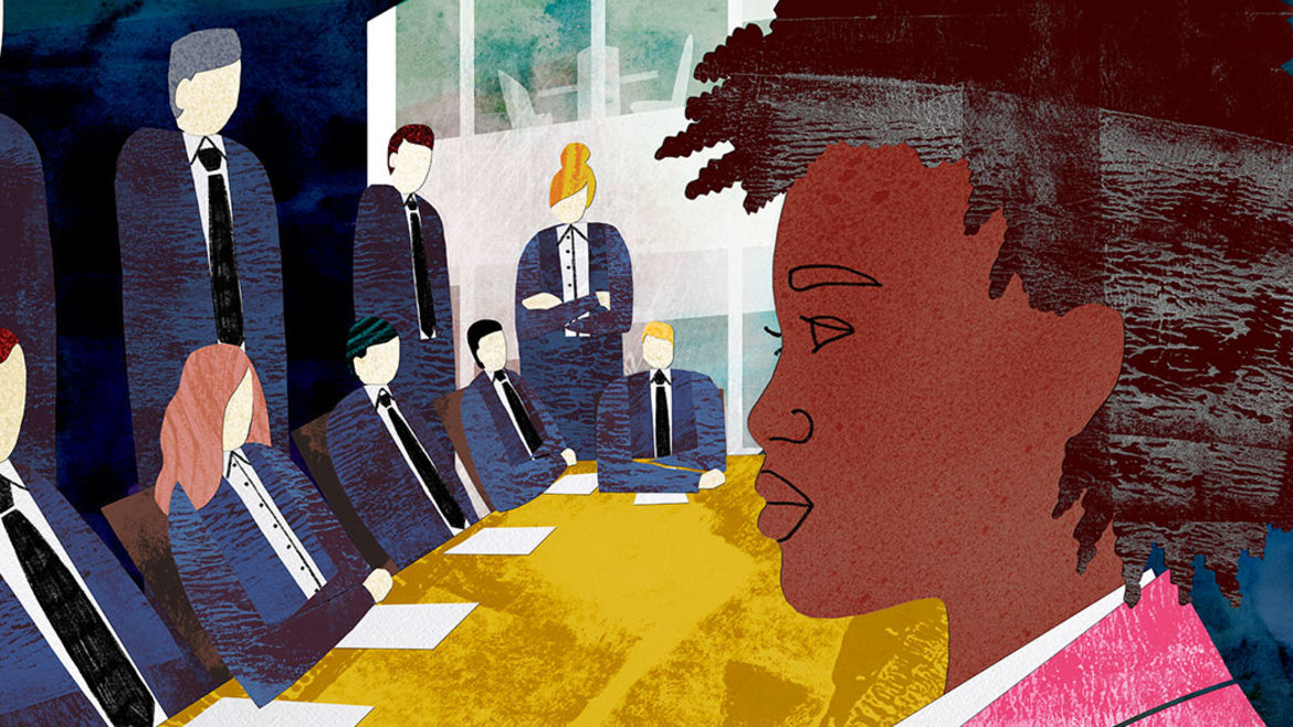 Cover Photo: On the left hand side a panel of faceless white figures sits at a desk while on the right side a black woman stares towards them