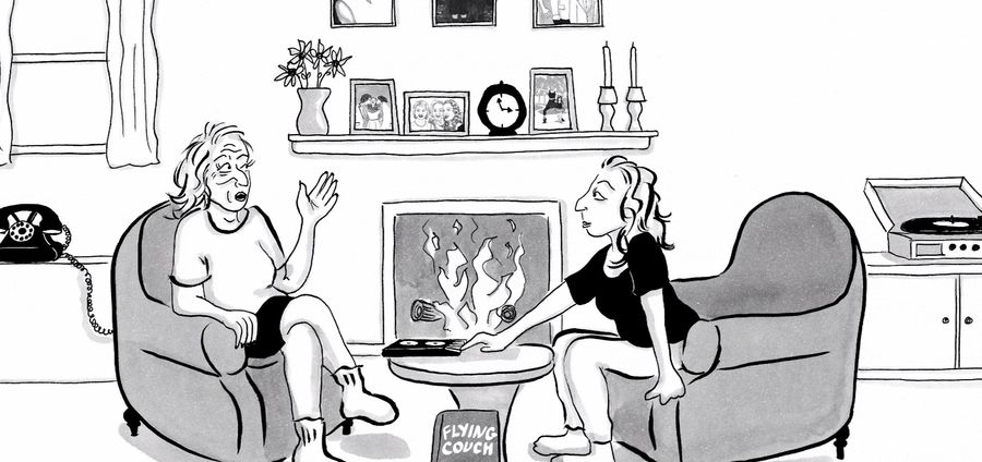 Cover Photo: Still from book trailer for FLYING COUCH